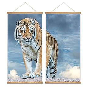 2 Panel Hanging Poster with Wood Frames - Tiger on Top on Mountain - Ready to Hang Decorative Wall Art - 18"x36" x 2 Panels