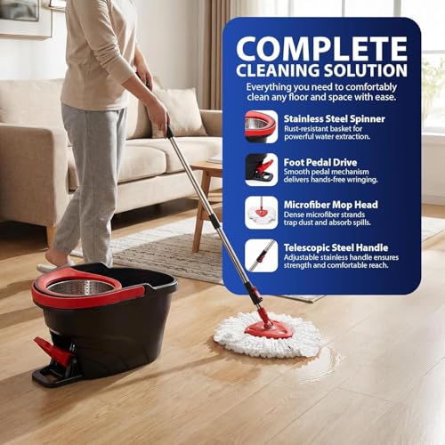 Easy Wring Spin Mop & Bucket Set with Foot Pedal – 360° Rotating Microfiber Floor Mop System with Stainless Steel Wringer, Adjustable Handle & 2 Reusable Mop Heads for Tile, Marble & Wood Floors