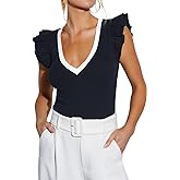 INFITTY Women's V Neck T Shirts Ruffle Sleeve Tops Dressy Sexy Sleeveless Slim Fitted Ribbed Tank Top Summer 2026