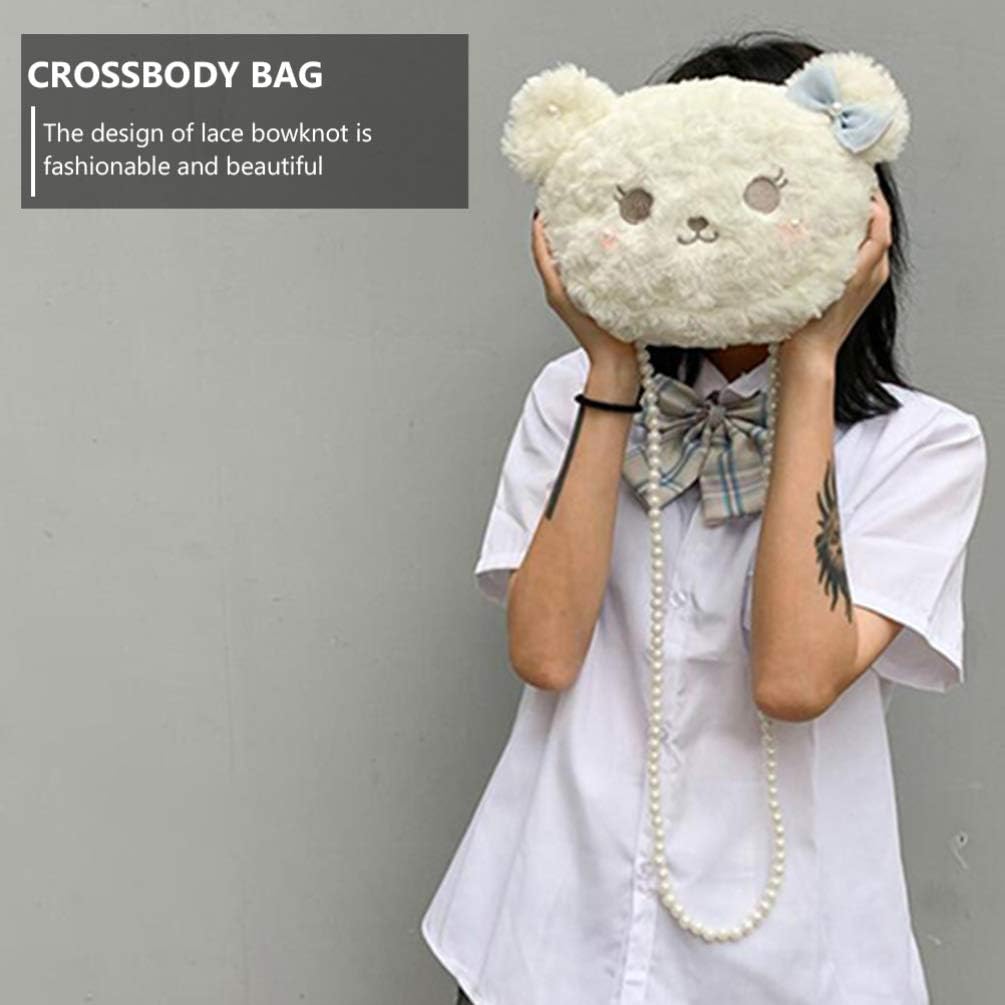 VALICLUD Plush Doll Bag Lolita Crossbody Bag with Pearl Chain Winter Handbag Cosplay Photo Props, White, 25X19CM - Image 4