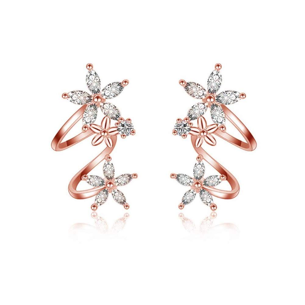 Flower Fairy Rose Gold Plated CZ Ear Cuff Wrap Stud Earrings for Women Girls Cartilage Fashion Crawler Climber Cubic Zirconia Clip Hypoallergenic