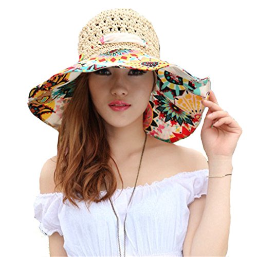 Elufly Flower Summer Large Wide Sun Beach Hat for Women Hand Woven Straw Hat (nude)