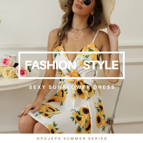 OPUJEPA Sexy Dresses for Women Short V Neck Spaghetti Strap Sleeveless Summer Floral Print Cute Skater Dress Mini Swing Sundress with Belt for Date Night