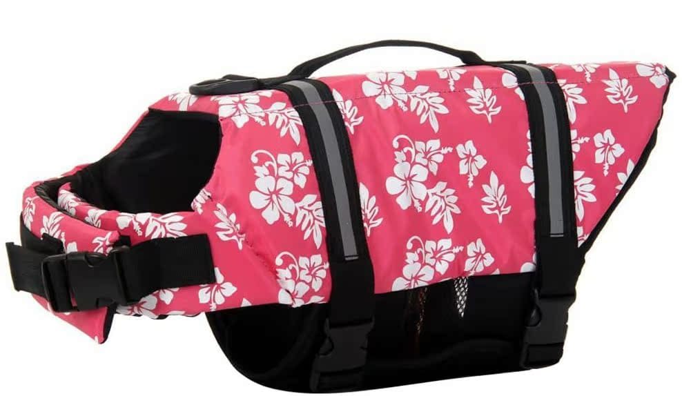 Izefia Dog Life Jacket Swimming Safety Coat Floatation Life Vest Life Saver with Handle for Small Dog Puppy Large Dog (Red Flower, S)