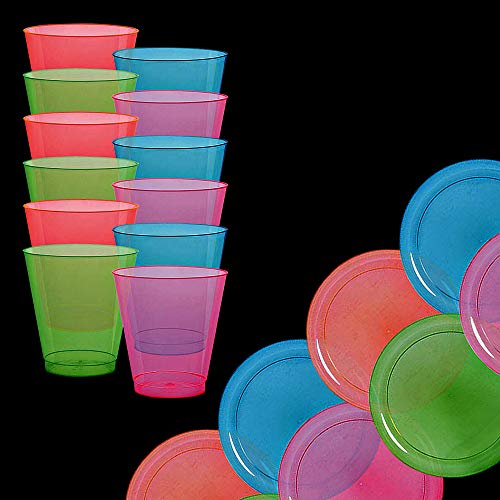 Disposable Neon Party Essentials Plates + Cups Set 40 Pack Assorted
