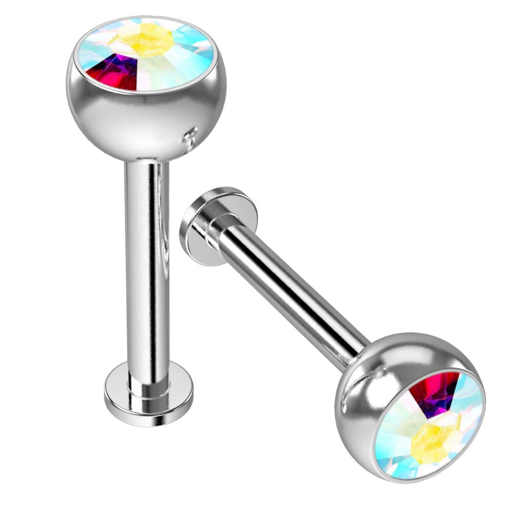 2pc 16g 1.2mm Tragus Labret Bar Stud Earrings Surgical Steel 8mm Aurora Borealis AB Crystal 4mm Piercing Rings