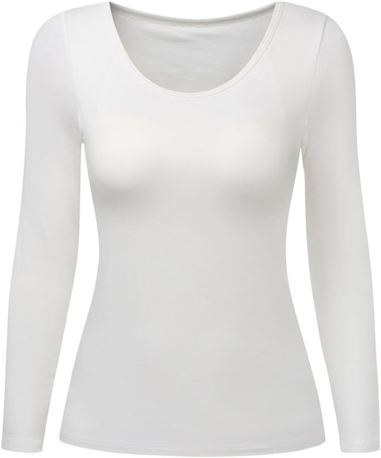 HONFON Womens U Neck Long Sleeve Shirt Scoop Neck Built in Bra Top