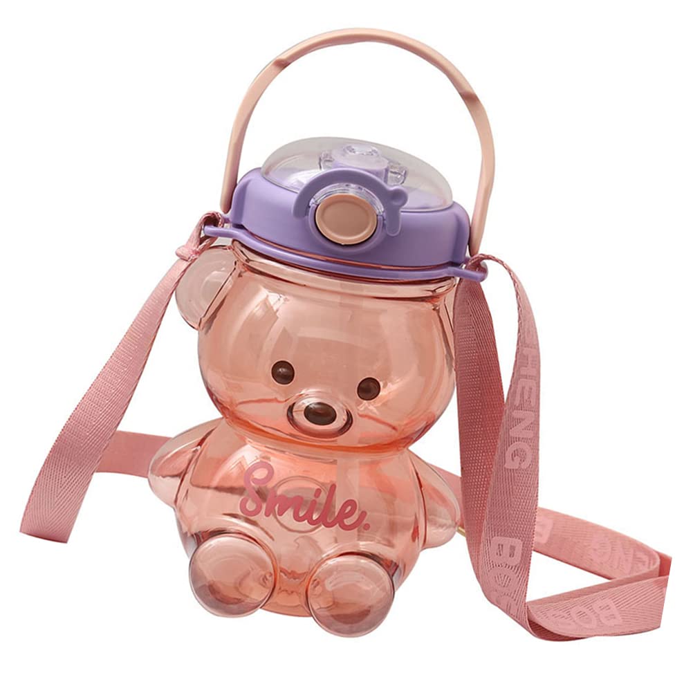 Water Bottle for Kids, Drinking Bottle with Straw, Kawaii Bear Water Bottle Portable Cartoon Kids Water Bottle with Adjustable Shoulder Strap for Outdoor Travel