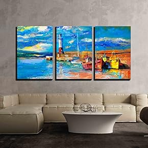 3 Piece Canvas Wall Art - Original Oil Painting of Lighthouse and Boats on Canvas - Modern Home Art Stretched and Framed Ready to Hang - 16"x24"x3 Panels
