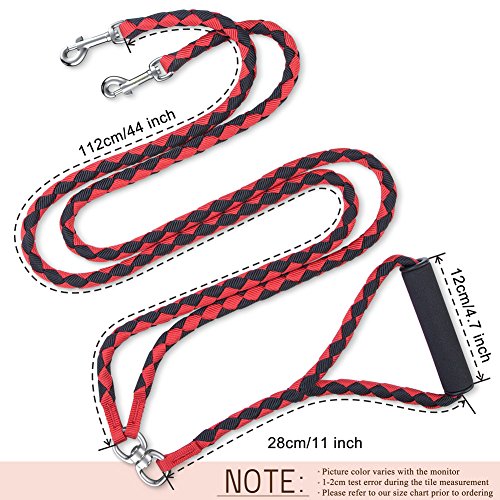 PETBABA Double Dog Leash, 4.6ft No Tangle Dual Rope Coupler, Heavy Duty 2 Way Lead Splitter with Soft Padded Handle, Walk Train Two Big Pet in Red
