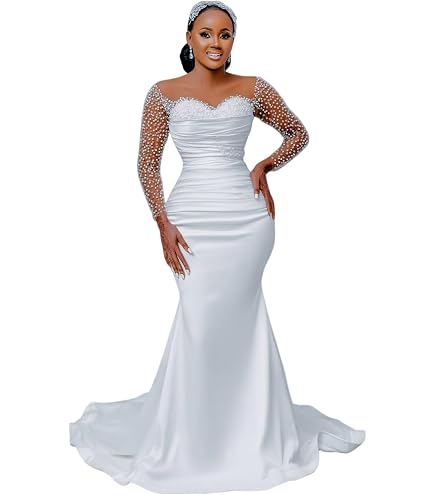 YiMinpwp African Satin Mermaid Wedding Dresses for Bride Customized Bridal Gowns Ivory at Amazon Women's Clothing store