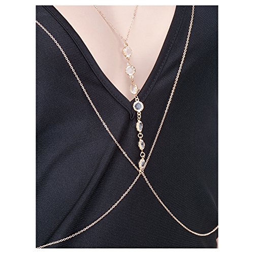 WeeH Bikini Boho Jewelry for Women Sexy Body Chain Necklace Bra Swimwear Beach Crystal Gold (D0184) - Thumbnail 3