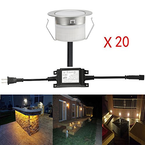 Low Voltage LED Deck Lighting Kit Stainless Steel Waterproof Outdoor Landscape Garden Yard Patio Step Decoration Lamps LED In-ground Lights, Pack of 20(Warm White)