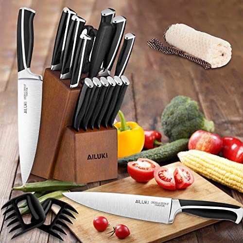Knife Set, Kitchen Knife Set with Block, AILUKI 19 Pieces Stainless Steel Knife Set, Ergonomic Handle for Chef Knife Set with Gift Box, Ultra Sharp, Best Choice for Cooking