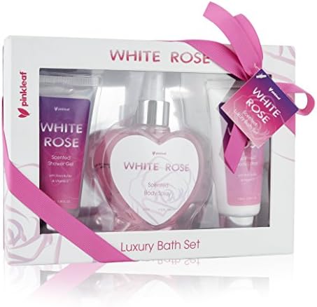 Gift Baskets for Women, Spa Gift Basket with Refreshing Fragrances, Lovely Heart Shape Body Spray, Perfect Wedding, Birthday or Anniversary Gift, Bath gift Set, (White Rose, Vitamin E)