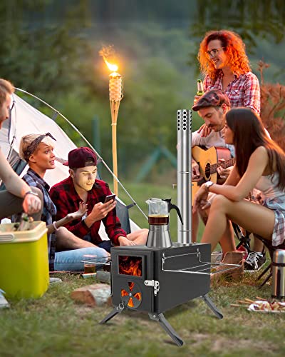 Wood Stove for Hot Tents, Rikuy Upgraded Titanium Surface Camping Stove with Chimney Pipes for Tents, Shelter, Outdoor Portable Burning Stove for Heating and Cooking, Include Spark Arrestor and Gloves