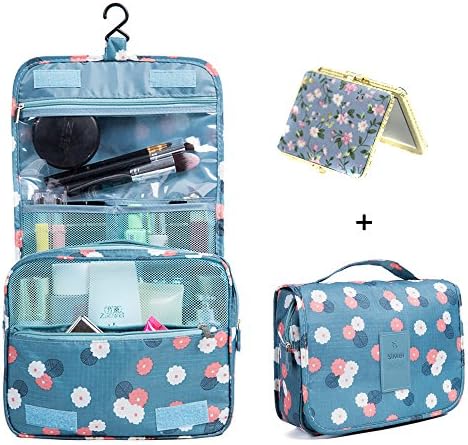 Hanging Cosmetic Bag Makeup Bag Travel Toiletry Bags, Large Capacity Travel Case make up Brushes Pouch Toiletry Kit Organizer Blue Floral Bag