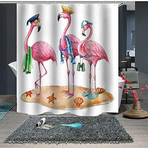 LOUHO Thick Polyester Fabric Flamingos Shower Curtain Set, Waterproof Machine Washable