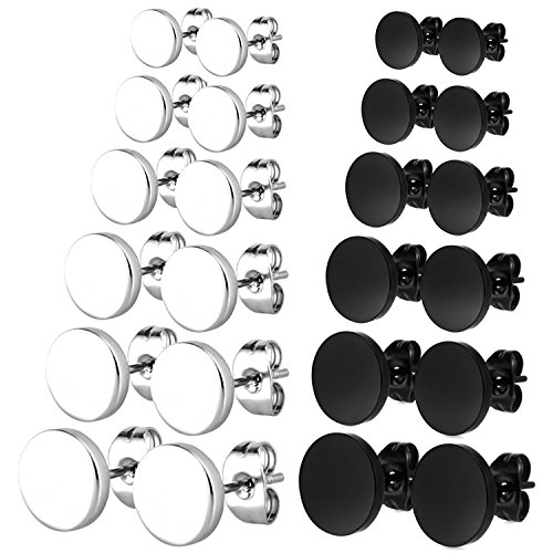 JewelrieShop Dot Stud Earrings Assorted Stainless Steel Flat Round Stud Earrings Circle Tunnel Men Stud Earrings (3mm-10mm, Silver, Black Stud Earrings)