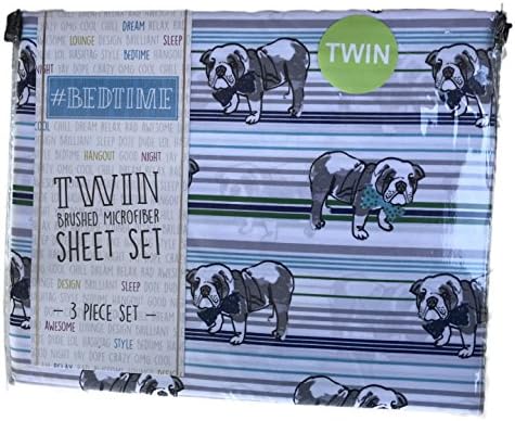 #Bedtime Dapper Bulldog in Bowtie on Stripes Themed 3 Piece Twin Novelty Sheet Set