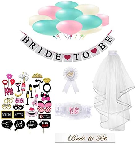 47Packs Bride to Be Set, Perfect for Hen Party Fancy Dress Night, Includes White Veil with Comb, Garter, Balloon, Photo Booth Props, Rosette & Sash