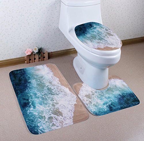3 Piece Non Slip Sea World Bathroom Mat Set ( Bathroom Carpet + Pedestal Rug + Toilet Seat Cover )