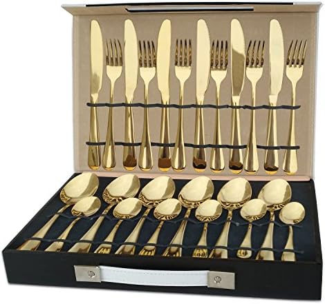Flatware Set, Magicpro Modern 24-Pieces gold Stainless Steel Flatware for Wedding Festival Christmas Party, Service For 6 packed in leather box