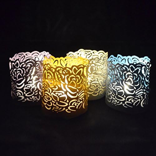 48 PCS LED Tea Lights Votive Wraps, 4 Color Hollow Battery Tealihgts Candle Paper Holder, Laser Cut Decorative Wraps for Wedding