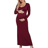Yousify Womens Scoop Neck Maternity Maxi Dress Split Long Sleeve Slim Fit Split Casual Pregnancy Clothes for Baby Shower