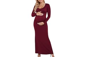 Yousify Womens Scoop Neck Maternity Maxi Dress Split Long Sleeve Slim Fit Split Casual Pregnancy Clothes for Baby Shower