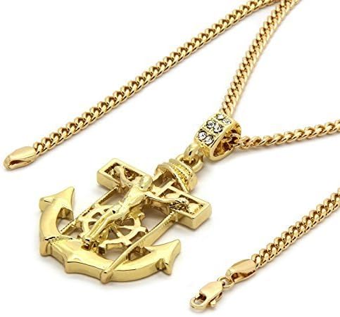 Mens 14k Gold Plated Jesus Anchor Pendant With 30" inches Cuban Necklace ChainNN.
