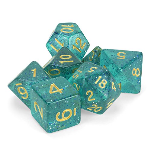 Wiz Dice Celestial Sea Set of 7 Polyhedral Dice, Translucent Turquoise Blue & Silver Glitter Tabletop RPG Dice with Clear Display Box