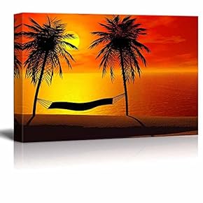 Canvas Prints Wall Art - Silhoutte of a Hammock Between Two Palm Trees in Sunset. | Modern Wall Decor/Home Decoration Stretched Gallery Canvas Wrap Giclee Print. Ready to Hang - 12" x 18"