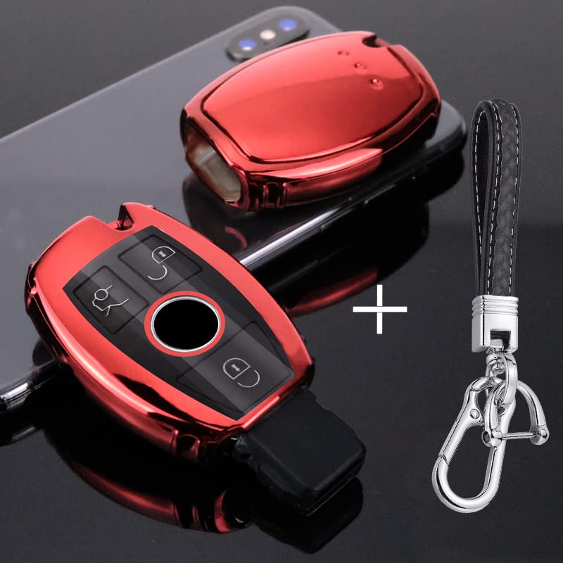 TPU Cover for Mercedes Benz Key Fob，2-3 Buttons Smart Key Shell Case Compatible with Benz A/C/E/S/R/G/GLA/GLC/GLK/A209/W164/W245/W212/W204,with Leather Keychian-Red