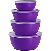 SCWBOEII 4-Piece Classic Plastic Prep Bowls with Lids, Nesting Plastic Small Mixing Bowl Set for Mixing, Baking, Prepping, Cooking and Serving Food, Microwave and Dishwasher Safe (Purple)