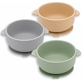 EKOSELA Silicone Baby Suction Bowls (3 Pack) &ndash; Non-Slip Stay Put, High Edge for Self Feeding, BPA Free Toddler Feeding Bowl, (Green/Beige/Brown)