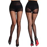 MERYLURE Vintage Style Backseam 20D Sheer Tights for Women Control Top Pantyhose Patterned Cuban Heel Stocking 2 Pairs