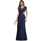 FUMY Navy Blue Pleated Chiffon Cap Sleeves Wrap Mother of The Bride Dresses for Women 2025 V Neck Ruched Maxi Wedding Guest Dresses for Women US16