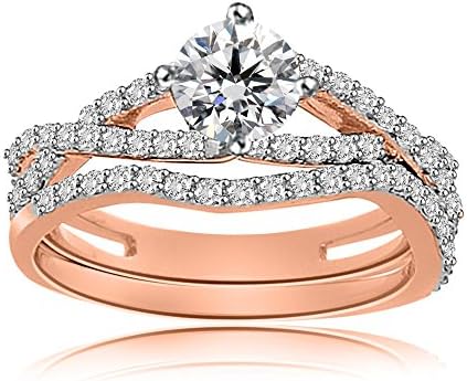 14k Rose Gold Over 1.00 Ct Round Cut CZ Simulated Diamond Wedding Bridal Set Engagement Ring Women Jewelry Alloy