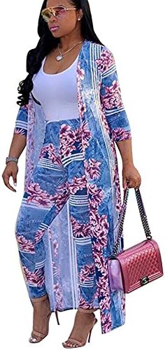Playworld Womens 2 Piece Outfits Open Front Cardigan Stripe and Floral Cover up with Leggings