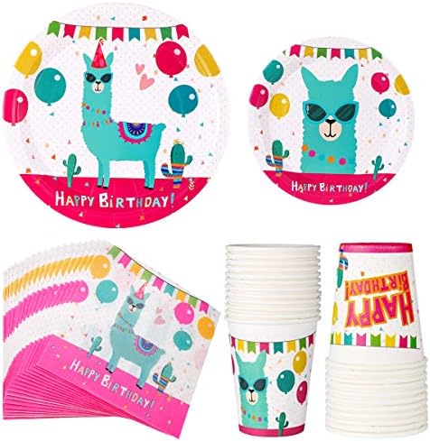 Llama Birthday Party supplies Set For Girls- Serves 24 Guests- Cactus Disposable Tableware Pack, Include Alpaca Paper Plates, Napkins, Cups