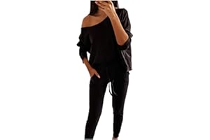 WUAI-Women Off Shoulder Two Piece Outfits Long Sleeve Crop Top Sweatpants Casual Jogger Sweatsuit Tracksuit Sets