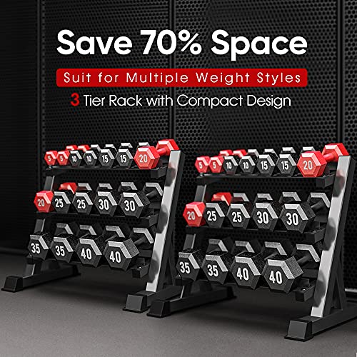 THERUN 1100lbs Adjustable 3 Tier Dumbbell Rack Stand, Hex dumbbells
