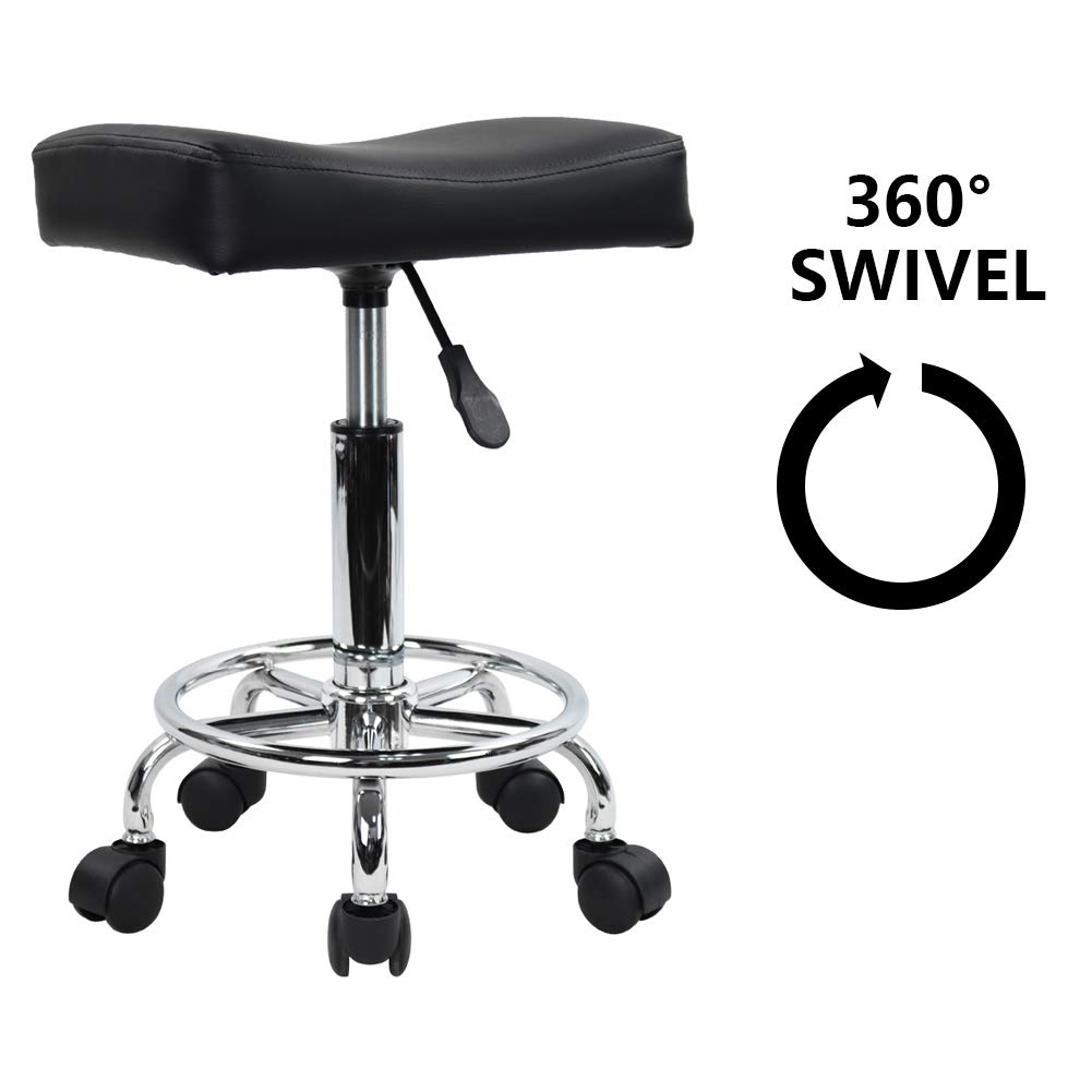 KKTONER Square Rolling Stool PU Leather Height Adjustable Swivel Massage SPA Salon Stools Task Chair with footrest (Black): Kitchen & Dining