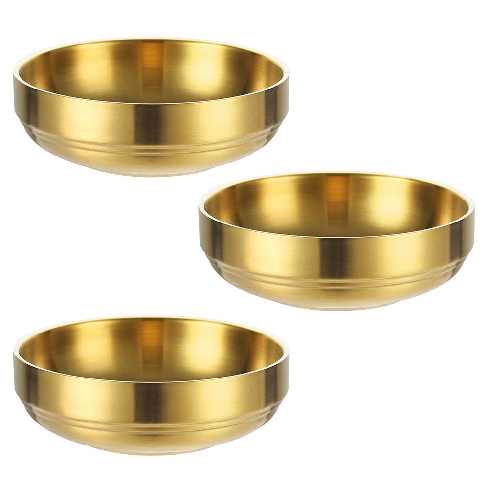 3PCS Large Double Deck Stainless Steel Sauce Dish, Round Condiment Tray, Sauce Plate, Sushi Dipping Bowls, Appetizer Trays, Condiment Dish for Restaurant, Home (12cm, Gold)
