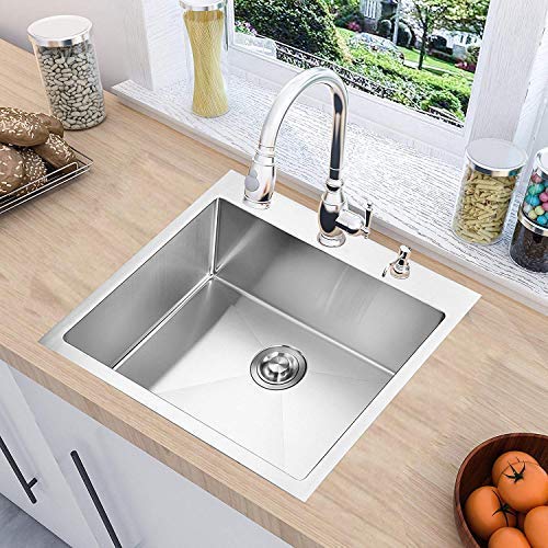 MOWA HTS2522 25" x 22" Topmount Laundry Utility Sink 16 Gauge Stainless Steel (9 Gauge Extra Thick Deck), Drop In Single Bowl Kitchen Sink w/Sink Grid, Basket Strainer and Bonus Soap Dispenser