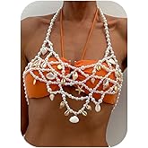Sexy White Pearl Shell Body Chain Bra Summer Beach Multi-layered Conch Bead Lingerie Chain Wedding Festival Pearl Starfish Tassel Chest Chain Jewelry for Women