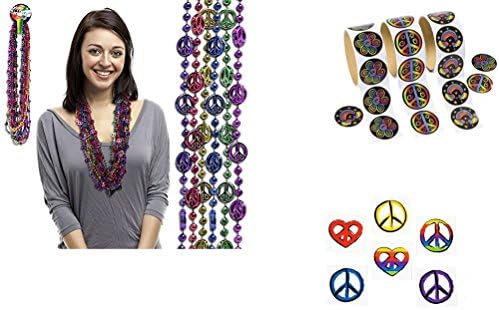 SUPER COOL Peace Sign Favors- 1 Dozen(12) Peace Sign Bead Necklaces / 300 RAINBOW PEACE STICKERS / 72 PEACE TATTOOS - Sixties Seventies THEME PARTY- Hippie RETRO - Classroom GIVEAWAYS