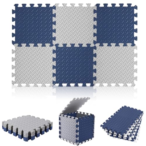 Cestbella Interlocking EVA Foam Mat, 60x60cm Protective Floor Tile 6 Packs Soft Puzzle Exercise Pad with Border Jigsaw EVA Foam Padding, 1cm Baby Play Crawling Mat for Home Gym Yoga Workout Grey Blue