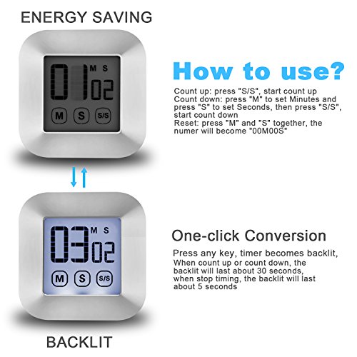 XREXS Touchscreen Digital Kitchen Timer Smart Large LCD Display Backlit Cooking Timer with Big Digits, Loud Alarm Clock, Count Down Up Timer, Magnetic and Back Stand (2 AAA Batteries Included) - Thumbnail 4